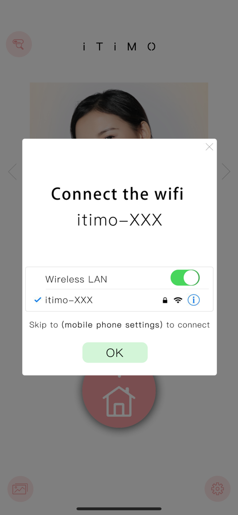 iTiMO - iTiMO app interface showing a popup with instructions to connect a wireless blackhead removal device via WiFi