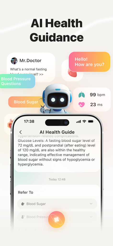 Interfaz de la aplicación Health Scan que muestra orientación de salud con IA para el seguimiento del azúcar en sangre y la frecuencia cardíaca con un personaje robot amigable.