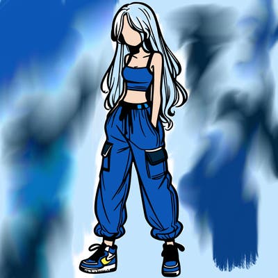 girl in baggy pants crop top and long hair