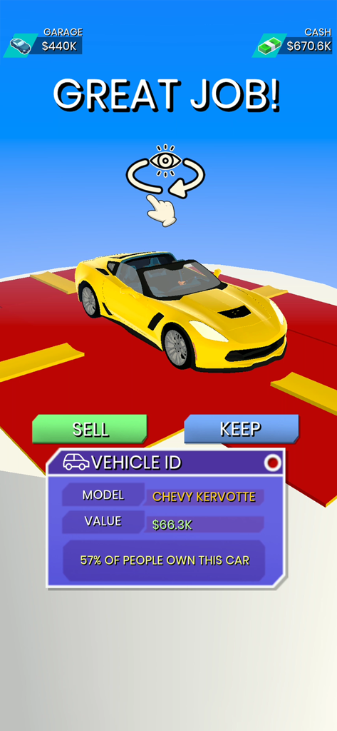 Steering Wheel Evolution - A yellow supercar on a platform with sell and keep options in the Steering Wheel Evolution mobile game