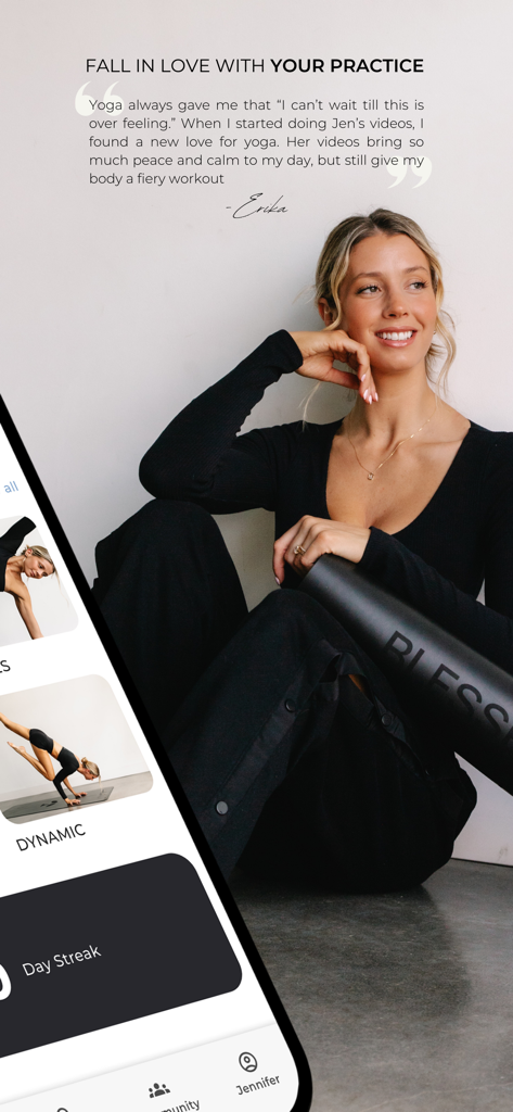 Blessed Yoga by Jen Morel - Jen Morel smiling with a yoga mat next to a user testimonial for her yoga practice app