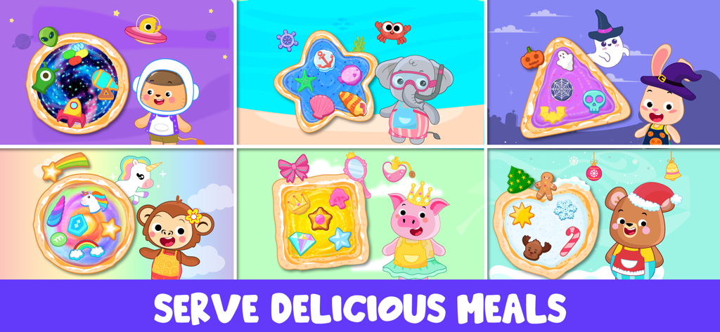 Pizza Maker Kids Cooking Games - A collage showing different themed pizzas like unicorn, space, and halloween from the Pizza Maker Kids Cooking Game.
