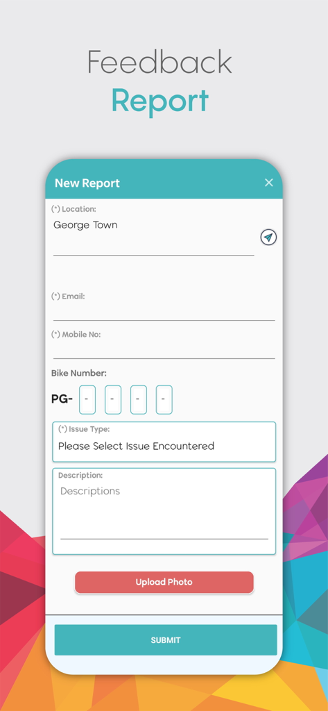 LinkBike V2 - LinkBike V2 mobile app feedback report screen showing a form to report bike sharing issues
