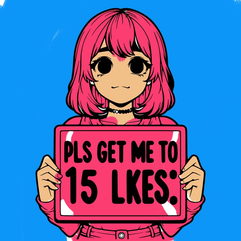 realistic girl holding up a sign that says “pls get me to 15 likes!”