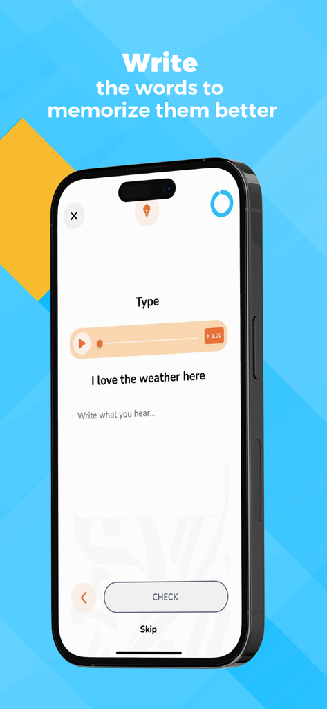 Kaleela・Learn Arabic Language - Interfaz de la aplicación Kaleela mostrando un ejercicio de escritura en árabe para ayudar a los usuarios a memorizar palabras.