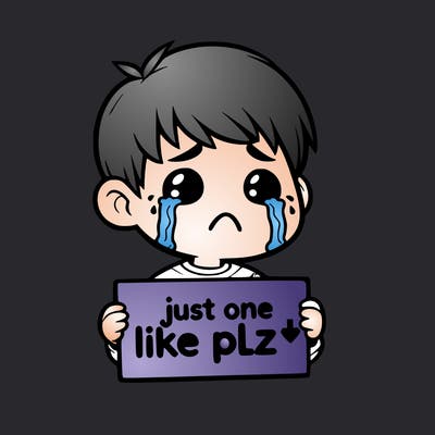 realistic crying boy with a sign saying just one like plz