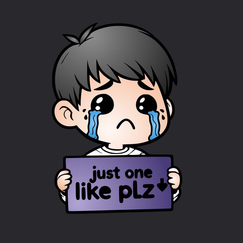 realistic crying boy with a sign saying just one like plz