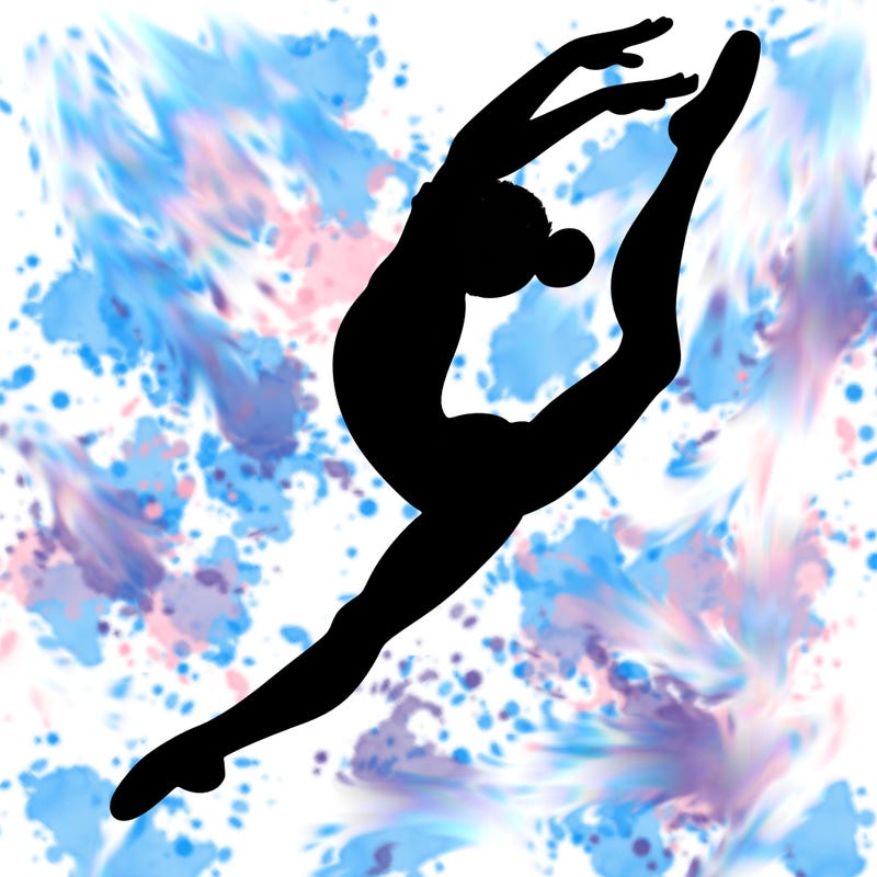 gymnast doing a leap in a leotard with a bent back leg