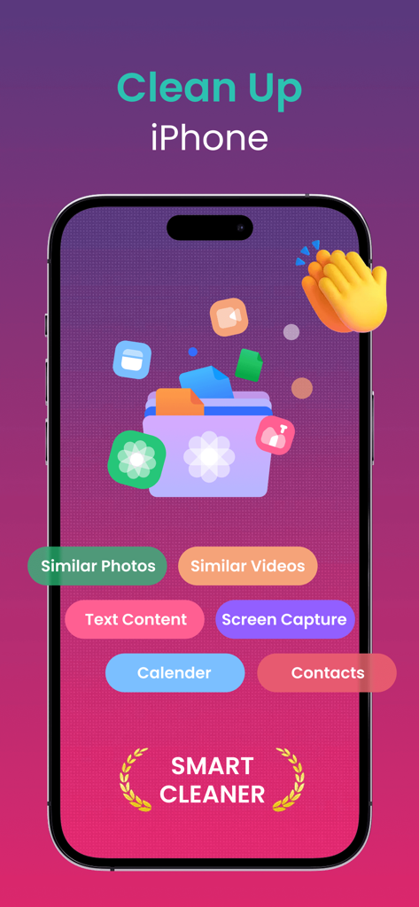 Interface of Max Cleaner app displaying tools to clean up similar photos videos and contacts on iPhone