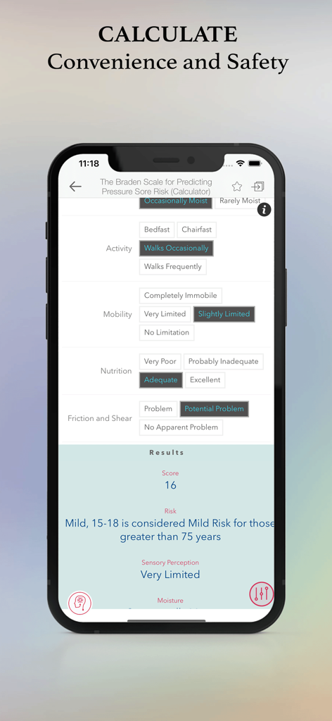Davis Clinical Nursing Skills - Interfaccia del calcolatore del rischio di ulcere da pressione Scala Braden nell'app mobile Davis Clinical Nursing Skills