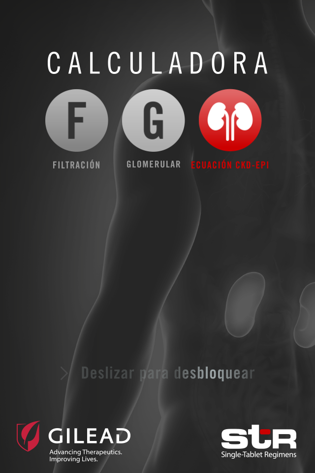 Tela inicial do aplicativo Calculadora de Taxa de Filtração Glomerular mostrando o título da equação CKD-EPI e ícones de rins