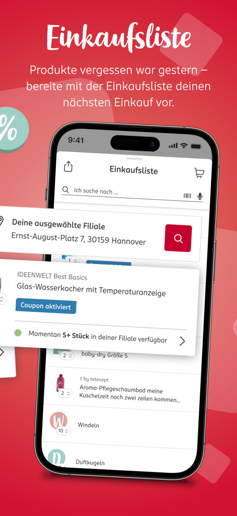 Lista de compras da aplicação móvel Rossmann mostrando produtos da loja local e cupões digitais