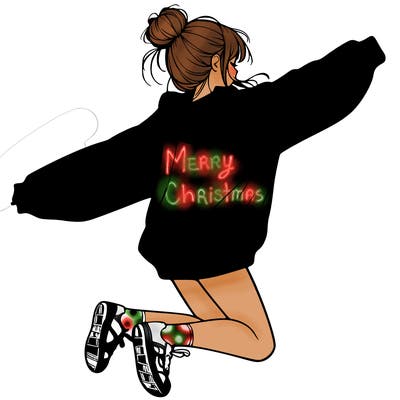realistic girl jumping with a bun and oversized sweatshirt