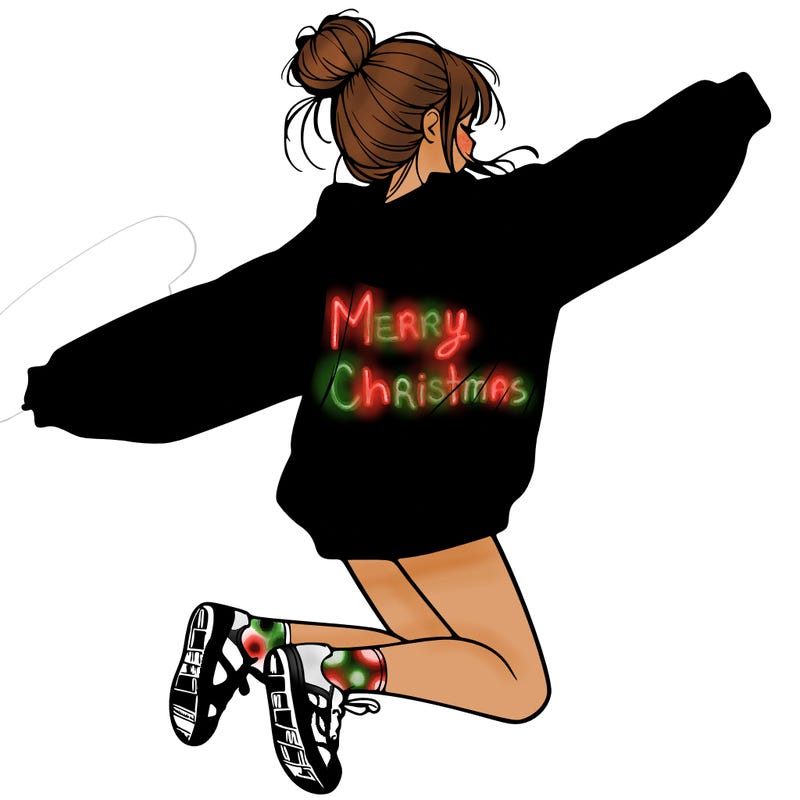 realistic girl jumping with a bun and oversized sweatshirt
