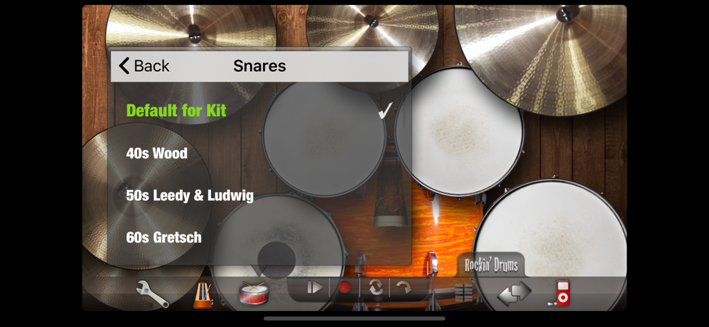 Rockin' Drums - Menú de selección de sonido de tarola en la aplicación Rockin Drums mostrando opciones vintage como 40s Wood y 60s Gretsch.
