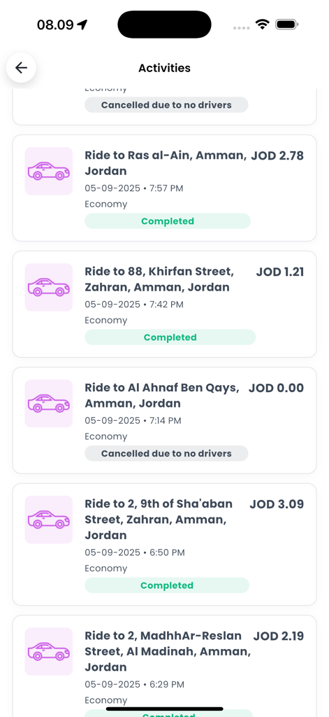PinkUp - PinkUp app screen showing a list of past ride activities with destinations, dates, and statuses