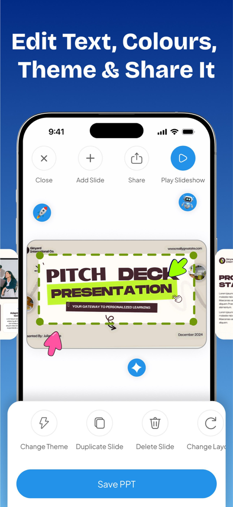 Interface mobile de l'application Gamma montrant une présentation de diapositives en cours d'édition avec des options pour changer de thème et de mise en page.