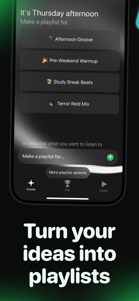 Smartphone screen showing the PlaylistAI app interface for generating custom music playlists from text prompts.