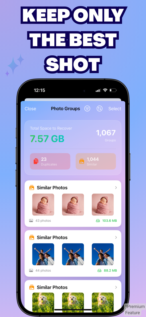 Swift Clear: Cache Cleaner - Interfaz de la aplicación Swift Clear que muestra 7.57 GB de espacio de almacenamiento para recuperar limpiando fotos similares y duplicadas