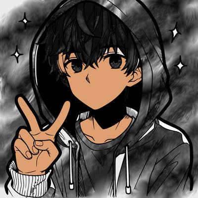 teenage manga boy in a hoodie, doing ✌