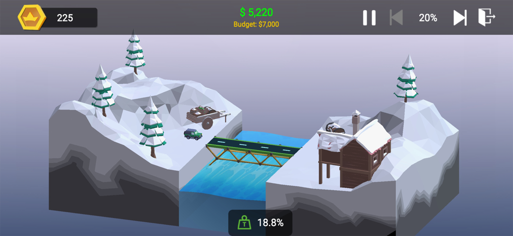 Build Bridge : Craft Builder - A low poly bridge building simulation gameplay scene featuring a car and a bridge in a snowy mountain landscape.
