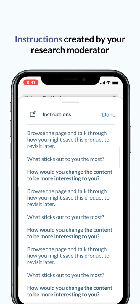 Lookback Participate - iPhone-Bildschirm mit Anweisungen des Research-Moderators in der Lookback Participate App