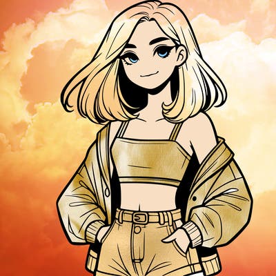 a realistic girl with a crop top and short shorts in an open jacket