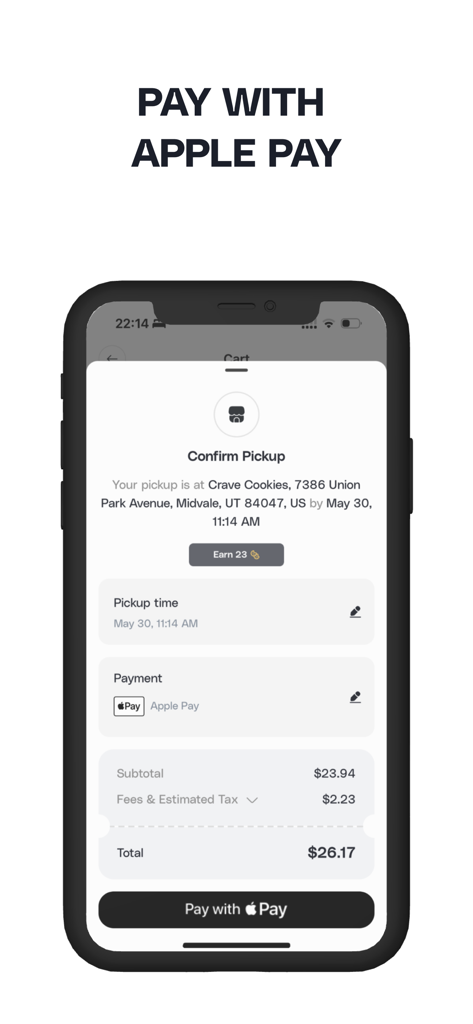 Crave Cookies - On Demand - Pantalla de pago de la app Crave Cookies que muestra Apple Pay como método de pago para un pedido de galletas