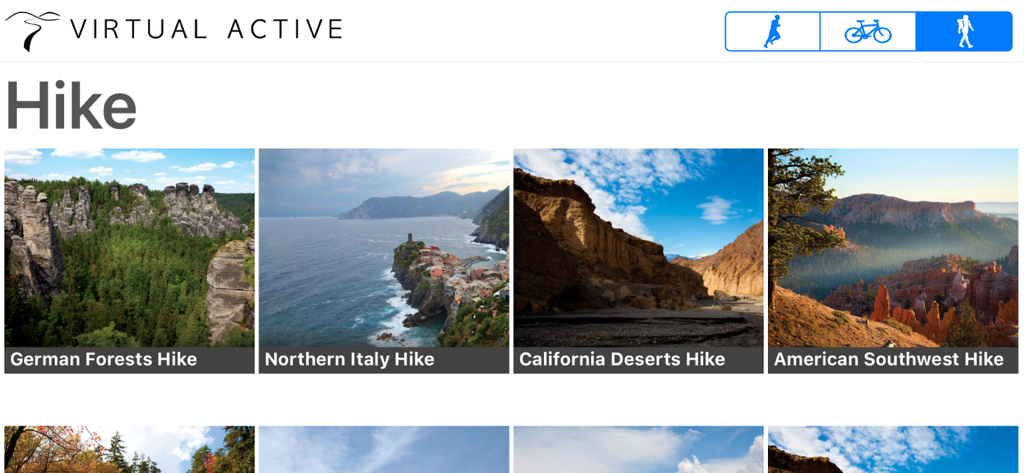 Virtual Active - Interface of the Virtual Active app showing various scenic hiking locations for indoor cardio workouts.