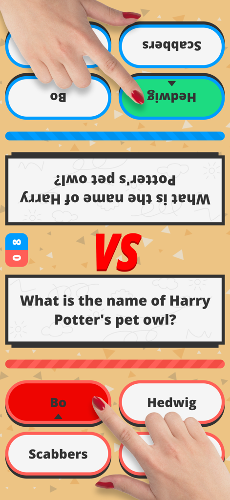 2 Player Trivia - Two people playing a head to head trivia quiz on one mobile device