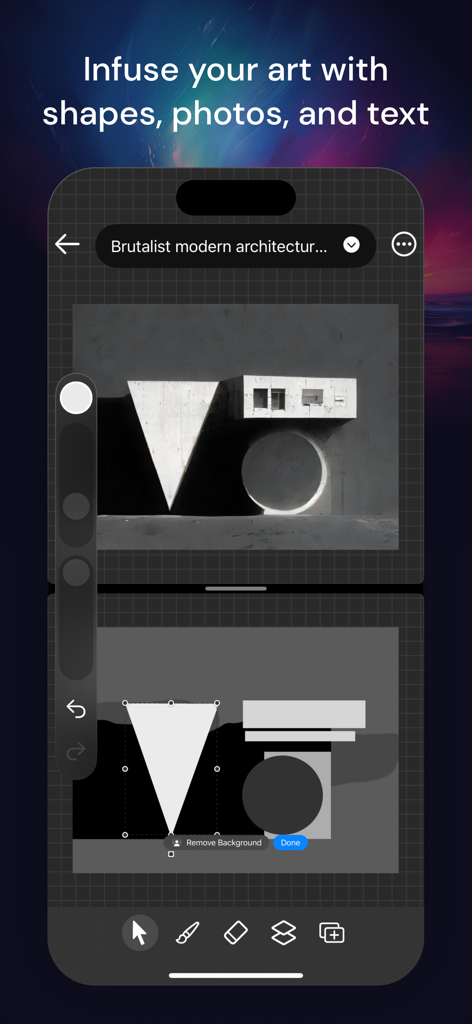 Muse Pro - Muse Pro app interface displaying a brutalist architecture design created by converting geometric shapes into a realistic image using AI