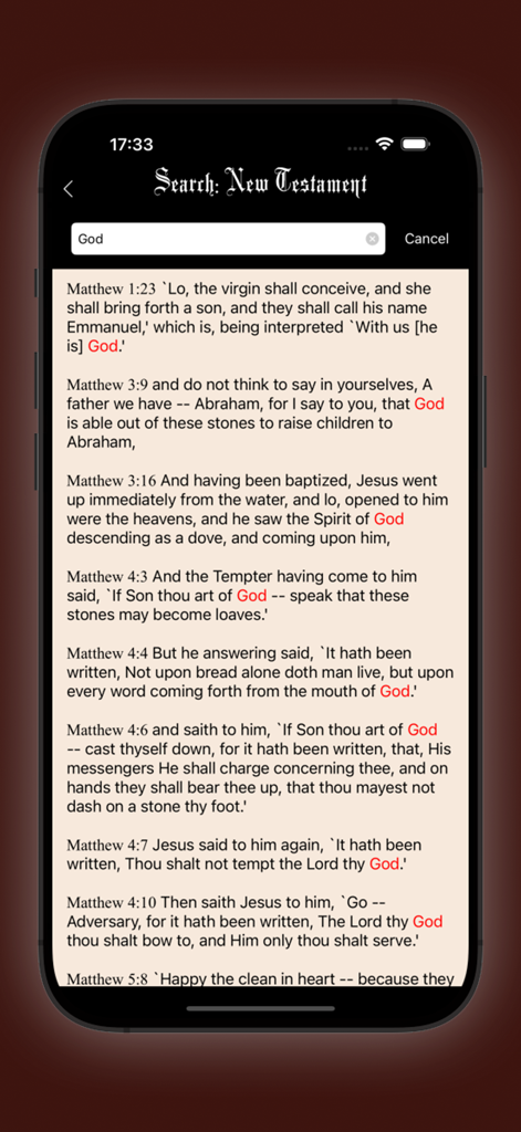 Young's Literal Bible (YLT) - Resultados de búsqueda de la palabra Dios en la sección del Nuevo Testamento de la aplicación Biblia Literal de Young