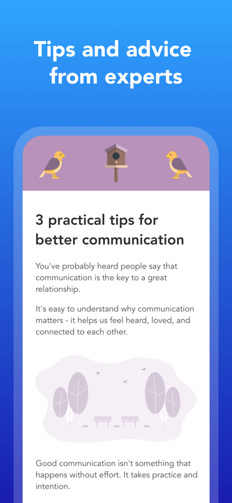 Evergreen: Relationship Growth - Captura de pantalla de la aplicación Evergreen que muestra consejos de expertos y prácticos para una mejor comunicación en una relación.