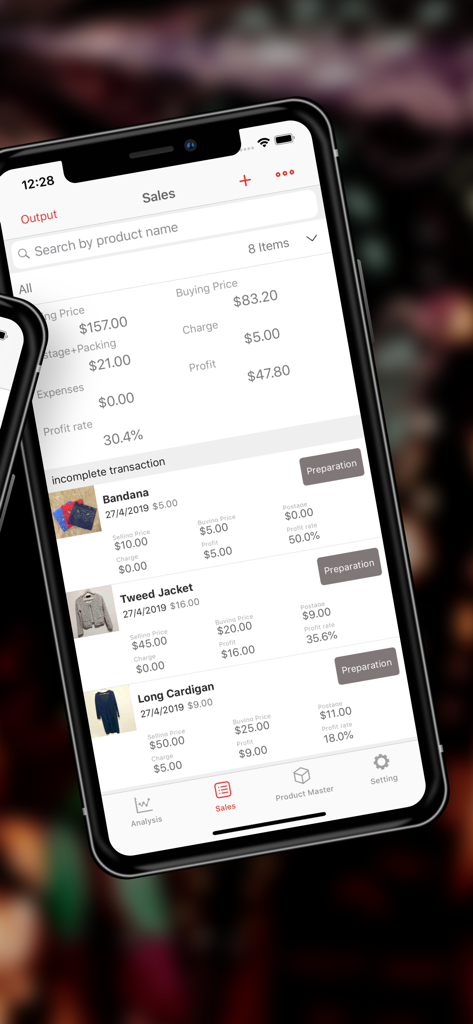 Seller Book mobile app interface displaying a list of sales with calculated profit and fees
