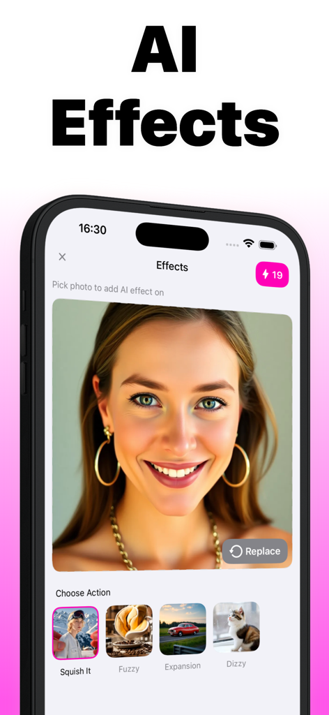 AI Kiss app interface showing AI effects like Squish It and Fuzzy for photo animation