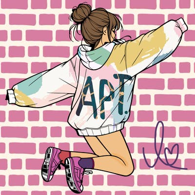 realistic girl jumping with a bun and oversized sweatshirt