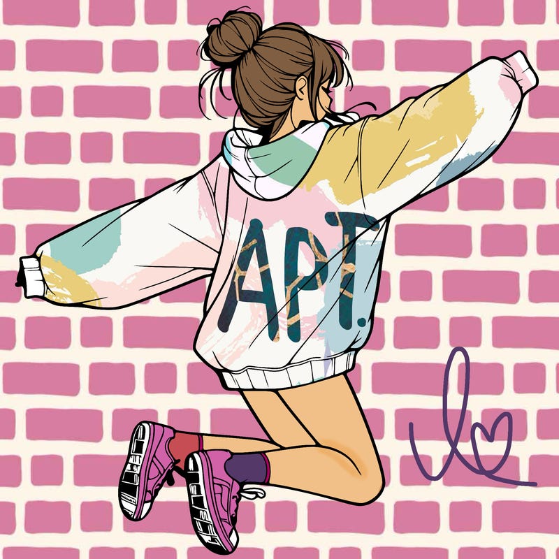 realistic girl jumping with a bun and oversized sweatshirt