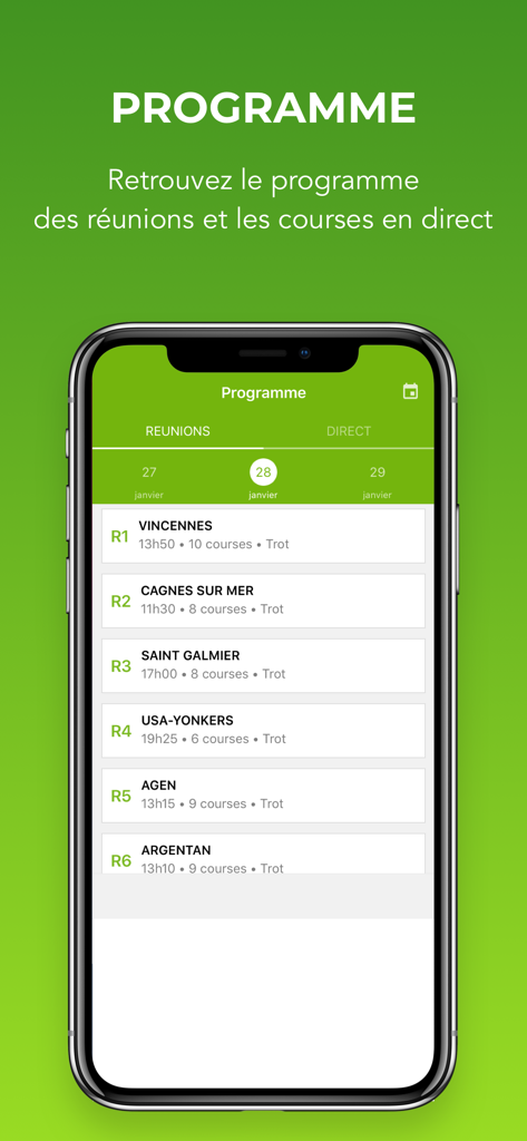 Turfoo Résultats Turf et Prono - A smartphone displaying the horse racing schedule with race tracks and times in the Turfoo app.