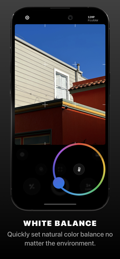Obscura — Pro Camera - Obscura Pro Camera app interface showing manual white balance control wheel
