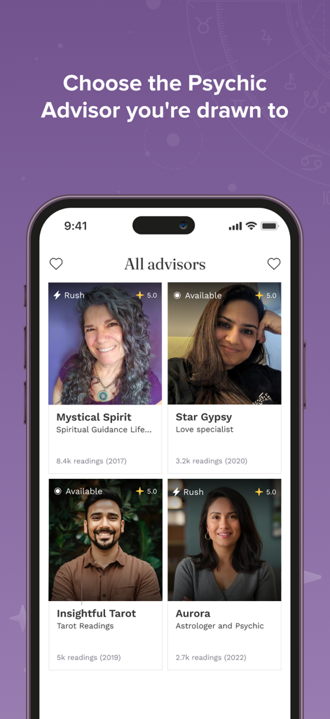 Purple Ocean Psychic Reading - Interface of the Purple Ocean app showing a list of professional psychic advisors
