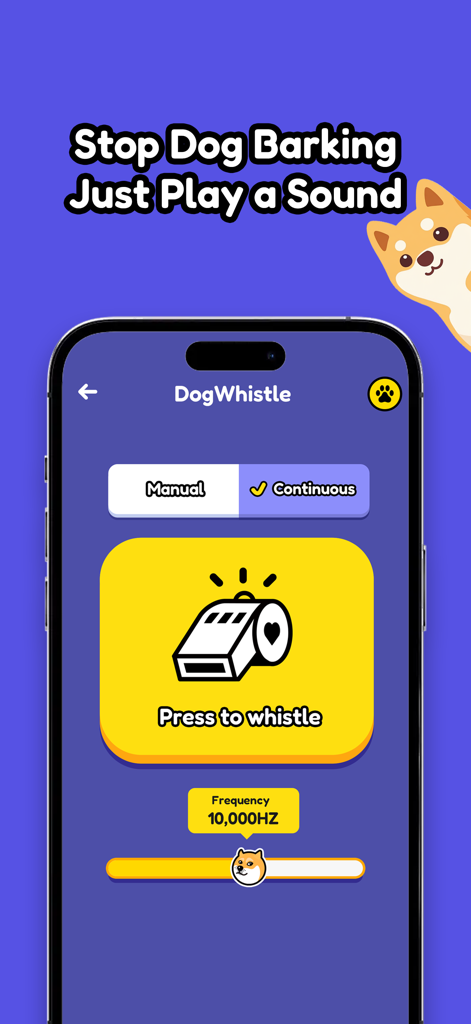 Dog Whistle & Clicker App - Pantalla de aplicación móvil que muestra una interfaz de entrenamiento con silbato para perros con un control deslizante de frecuencia y función para dejar de ladrar