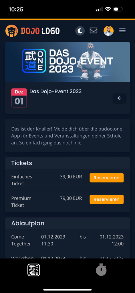 Mobile app interface of budoo.one showing martial arts dojo event details and ticket booking options