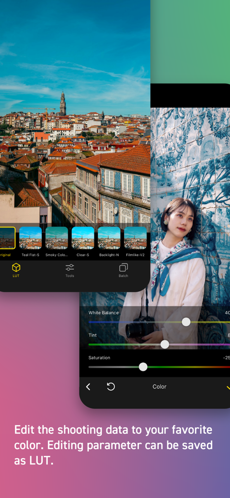 Panasonic LUMIX Lab - Interface of the Panasonic LUMIX Lab app showing color grading tools and LUT selection