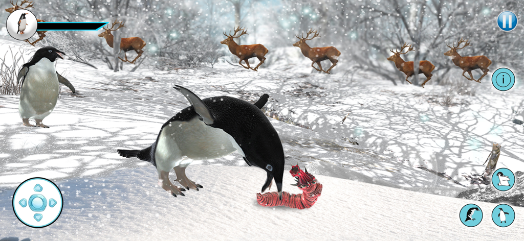 Penguin Family Life Simulator - A penguin eating a worm in a snowy arctic forest with reindeer in the background