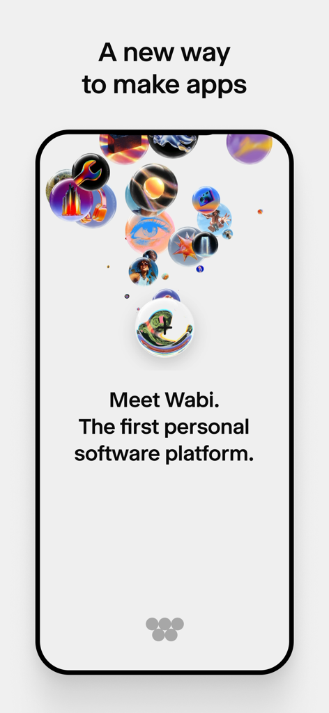 Wabi - Pantalla introductoria de Wabi mostrando la primera plataforma de software personal con iconos coloridos.