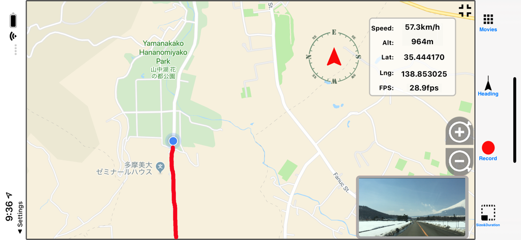DriveRecorderX - DriveRecorderX interface displaying a navigation map with route tracking and a live dashcam video feed