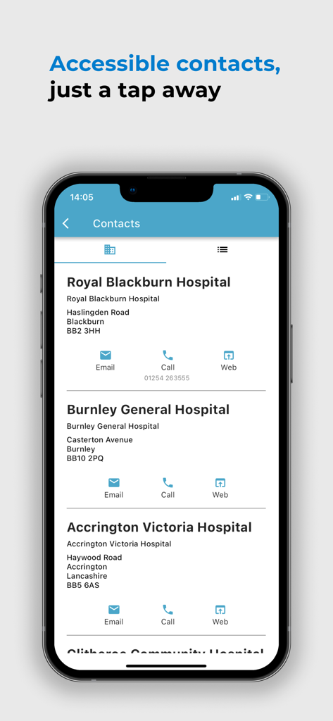 HealthZone UK - HealthZone UK app contacts screen displaying a list of hospitals with quick options to email call or visit their website