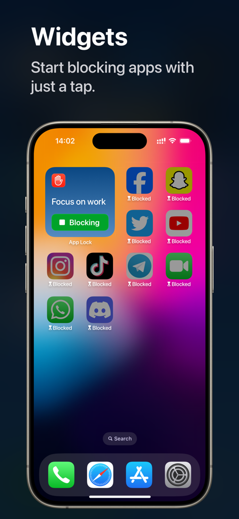 iPhone home screen showing the App Lock widget and several social media icons labeled as blocked