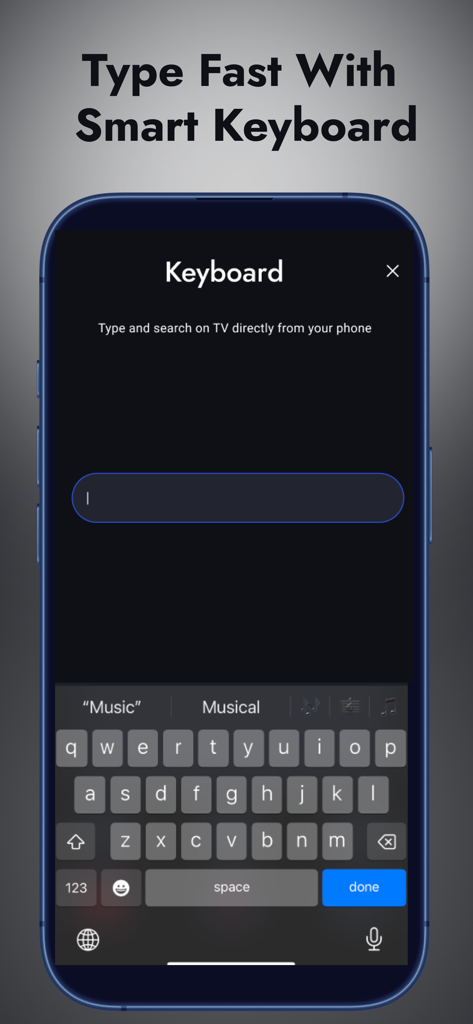 iPhone screen displaying the smart keyboard feature for typing and searching on a TV via the Universal TV Remote app