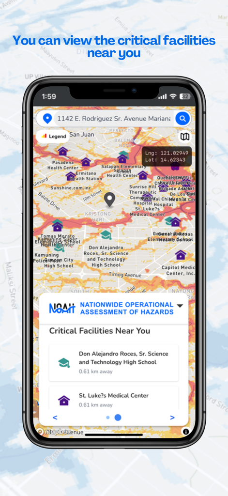 UP NOAH - Interface do aplicativo UP NOAH mostrando um mapa de perigos com instalações críticas como escolas e centros médicos.